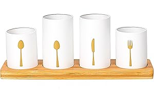 INNOTECK nnoteck Essentials - Juego de 4 soportes para utensilios de cocina, decoración moderna de cocina de granja, bambú natural, vajilla blanca para utensilios - Organizador vintage