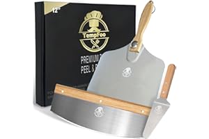 TEMPFOO Pizza Peel Oven Making Accessories, 12 Inch Pizzas Turning Paddle with Foldable Wooden Handle Shovel, Pizza Cutter Rocker Stainless Steel Spade Tools 3 Piece Set