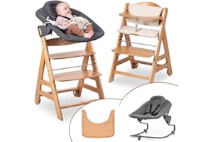 hauck Seggiolone Beta+ Newborn Set Premium da 0 Mesi - Seggiolone Legno Evolutivo, con Sdraietta Neonati (Dondolo Neonati), Cuscino Seduta, Vassoio - Naturale, Grigio Scuro