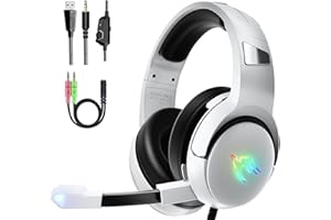 YINSAN Gaming Headset for PS4 PS5 Xbox Series X|S Xbox One Nintendo Switch PC, Over Ear Wired Gaming Headphones with Stereo Surround Sound RGB Light Noise Cancelling Mic Flip-to-Mute Button, White