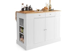 TANGZON Large Kitchen Island, Kitchen Sideboard with Extendable Rubber Wood Worktop, Drawers, Adjustable Shelves & Side Racks, Living Dining Room Cabinet Cupboard (White Body)