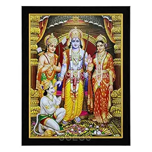 SHREE GANESH ENTERPRISE GIFTING SOLUTIONS God Ram Darbar HD Photo Frame Lord Ram Pattabhishek Sita Laxman Hanuman Painting Pooja Wall Hanging (Wood, Poster with Frame, Multicolour, 25X1x31cm)