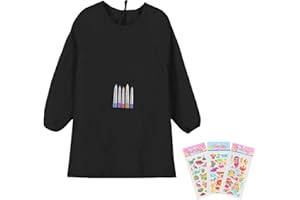 Fumanduo Kinder Malkittel Schwarz, Kinderschürze mit Ärmel Wasserfeste Lackkittel für Kinder (Körpergröße 120~140cm) für Kinder von 7 bis 12 Jahren Bastelschürze Kinder für Schule Malen Backen Kochen