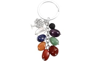JOVIVI Porte-clés avec pendentif arbre de vie en argent 7 chakras - Pierre de lave - Aromathérapie - Diffuseur d'huiles essentielles