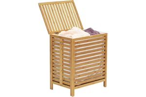 BAKAJI Kosz na brudną bieliznę kosz na pranie Dom z drewna bambusowego i tkaniny oszczędzający miejsce pojemnik z pokrywką i wyjmowanym workiem o pojemności 100 l Rozmiar 50 x 35 x 60 cm