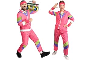 Aomig 90er 80er Jahre Kostüm Erwachsene, Retro Trainingsanzug für Männer Frauen, Disco Ganzkörperanzug, Partner Outfit Jacke und Hose 80er Party Bad Taste für Mottoparty Karneval(Rosarot-L)