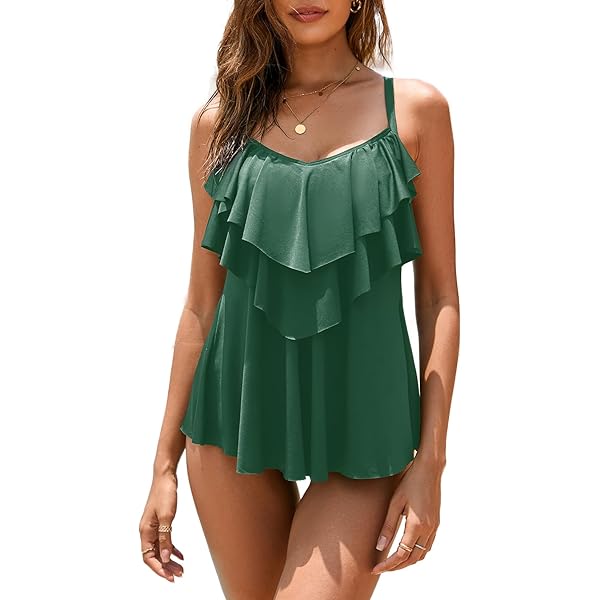 SHEKINI Premaman Costume Da Bagno Donna Due Pezzi Maternità Elegante Bordo Smerlato Design Controllo Addominale Regolabile Bikini Incinta Tankini Due Pezzi Triangolo Bikini Fondo (M, Verde Scuro