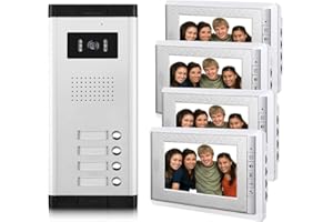 AMOCAM Video door phone System,Video Intercom Kit, 1 PCS Night Vision Camera, 4 PCS 7 Inches Monitor Wired Video Doorbell for 4 Units Apartment Home, Support Monitoring, Unlock, Dual Way Intercom