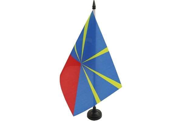 AZ FLAG - Drapeau De Table La Réunion 21x14 cm - Petit Drapeau Réunionais De Bureau 100% Polyester Avec Hampe De 25cm Et Socle En Plastique Noir
