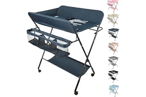 WILLONIN Table a Langer Pliante, Table à Langer Réglable en Hauteur avec Panier de Rangement, Ceinture de Sécurité et 4 Roues avec Frein (Bleu foncé)