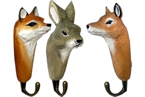 your castle 3 crochets muraux Crochets de garde-robe Porte-manteaux en bois Animaux de la forêt : cerf, renard et lièvre, fabriqués artisanalement avec des crochets en métal