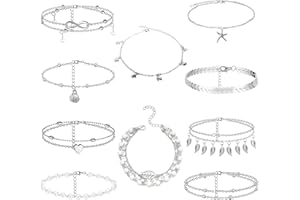 KIJUH Cavigliera Donna D'argento Set, 10 Pezzi Boho Cavigliera Set D'argento Donna, Regolabile Cavigliera Estiva Donna Cavigliera In Argento, Estate Spiaggia Gioielli Set per Donne e Ragazze