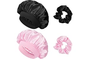 Flintronic 2 Piezas Capó de Satén de Seda, Gorro de Seda para Dormir con Banda Ancha Elástica, Gorro Ducha Mujer, Gorro de Saten para Dormir Pelo Rizado Mujeres y Chicas, Negro+Rosa