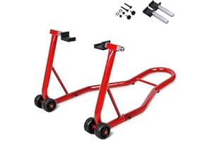 GiantexUK Motorbike Stand, Adjustable Rear Track Paddock Stand on Wheels, Heavy Duty Motorcycle Lift Stand for Workshop Garage Repair Shop (Red Body)