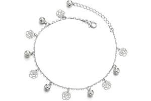 COOLSTEELANDBEYOND Mujer Cadena Enlace Tobillera con Colgantes Rosa Charms y Cascabel, Ajustable