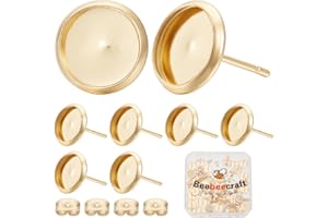 Beebeecraft 1 Scatola 50 Pezzi Risultati per Orecchini A Bottone Placcati in Oro 18K con Punta Rotonda Vuota per Orecchini Cabochon con Vassoio da 8 mm e 50 Pezzi Dadi per Orecchie