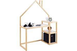 Kinderschreibtisch NIVIA Hausform natur/weiß mit Regal Stauraum gefertigt aus Kiefer Massiv. Stabil langlebig perfekt für Kinderzimmer. Montessori-Möbel ideal für Hausaufgaben oder Bastelarbeiten.