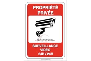 AUA SIGNALETIQUE - Autocollant Propriété privée sous surveillance vidéo 24H /24-75x105 mm, Vinyl adhésif