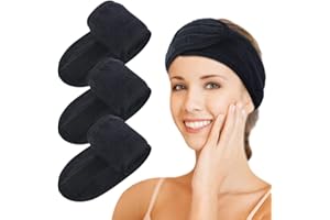 KinHwa Microfibre Bandeau Cheveux Femme Maquillage，scratch cheveux Spa lavable pour Soin Visage,Réglable Headband avec Magic Tape Élastique pour le bain, démaquillage et sport noir lot de 3