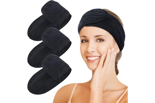 KinHwa Microfibre Bandeau Cheveux Femme Maquillage,scratch cheveux Spa lavable pour Soin Visage,Réglable Headband avec Magic Tape Élastique pour le bain, démaquillage et sport noir lot de 3