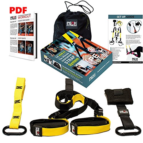 Peak Fitness Cross Fit Schlingentrainer mit Türanker, Riemen, schweren Schnallen und Tragetasche für Körpergewicht Training, ideal für Fettverbrennung, Muskelaufbau, Core-Training und für jedes Haustraining empfohlen. 100% Zufriedenheit - KEINE RISIKEN. Gratis 60–tägige Rückgabegarantie der gesamten Kosten.