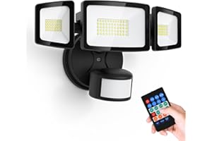 Onforu 55w 5000LM Projecteur de Sécurité Détecteur de Movement avec télécommande, IP65 Étanche Projecteur LED Extérieur, 3 Tête Éclairage de Sécurité PIR pour Jardin, Cour, Entrée