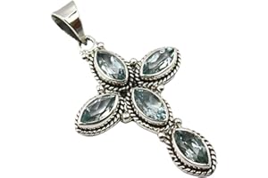 Unique Gems Kettenanhänger Kreuz Blauer Topas 12.5 Karat 925 Sterling Silber Juweliers- Qualität
