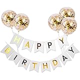 Meowoo happy birthday-banderoll födelsedag flaggor med 5 latexballonger med guldkonfetti, perfekt för födelsedagsfestdekorati