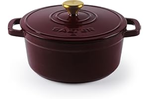 Salter Chester 24cm Cast Iron Casserole Pot – Self-Basting Lid, Dutch Oven/Stock Pot, Enamel Coated Cast Iron, Oven Safe, Suitable for All Hob Types Including Induction, 3.4L cap., PFAS-Free, Red