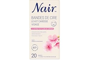 NAIR Kit Caresse - Bandes de Cire Froide Visage, Faciles à Séparer & Adaptées aux Peaux Sensibles, Formule 97% d'Origine Naturelle à l'Extrait de Fleurs de Cerisier, 20 Bandes de Cire