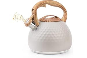 ERWEY 3L Bouilloire moderne à induction, Bouilloire sifflet en acier inoxydable pour toutes les plaques de cuisson, avec poignée en bois de rose pour thé & café, Blanc