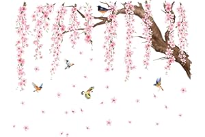 Rongxze Tatuaż ścienny z kwiatami, różowe naklejki ścienne, kwiaty brzoskwini, ptaki, gałęzie, salon, sypialnia, pokój dziecięcy, dekoracyjne naklejki DIY, wodoodporna dekoracja ścienna