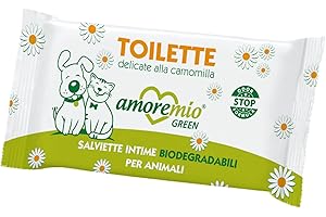AMORE MIO | 300 Salviette Toilette alla Camomilla, Igienizzanti e Purificanti, per Cani e Gatti, Lenitive e Antiodore, Intime Biodegradabili per Animali 19x13 cm - 10 Confezioni da 30 Salviettine
