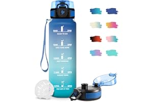 JAPORIA Botella de Agua 1L, Cantimplora Gimnasio con Filtro, Fácil de Abrir, Reutilizable, Botella Agua Motivadora y Prueba de Fugas, Cantimplora para Adulto, Escuela, Bicicleta, Senderismo, Oficina, Gym