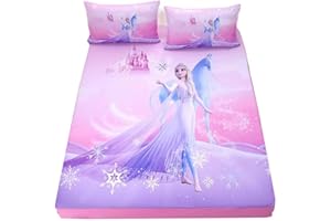 FIKUP Kinder Spannbettlaken 90x200cm Mädchen meerjungfrau Rosa,Karikatur ELSA Regenbogen Bettlaken Set,Dekorativ Spannbetttuch,Kissenbezug 80x80 (A,140 x 200 cm)