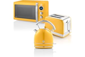 Swan Retro Set Desayuno Hervidor de Agua 1,8 L, Tostadora Pan Ranura Ancha 2 Rebanadas, Microondas Digital 20L, 6 Niveles de Potencia,Temporizador, Puerta Espejo, Diseño Vintage, Amarillo