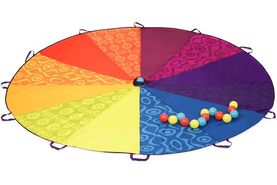 B. toys – Woo – Hue Parachute! – Sports Outdoors – Play Parachute with 15 Colorful Balls – 12 Handles – 8ft Wind Tent – Outdoor Games – Rainbow Colors – 3+ Years