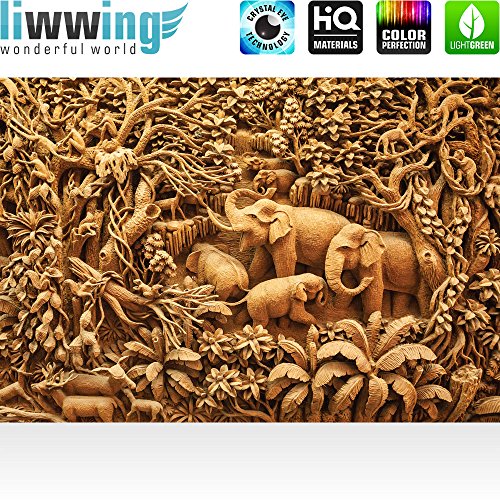 Vlies Fototapete 416x254cm PREMIUM PLUS Wand Foto Tapete Wand Bild Vliestapete – Kunst Tapete Elefanten Affen Palmen Dschungel beige – no. 2289 - 2