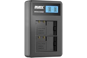 ayex Podwójna ładowarka USB pasująca do akumulatorów Panasonic Typ: DMW-BMB9/DMW-BMB9E ładuje przez wtyczkę USB, laptop, power bank lub komputer z podświetlanym wyświetlaczem LCD i wskaźnikiem poziomu