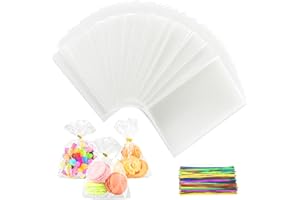 GICCTYBLE 100 Pezzi Sacchetti Trasparenti per Confezioni 10x15 cm, Bustine Cellophane Piccolo per Caramelle, Biscotti, Frutta, Gioielli con 100 Bande Metalliche per Feste Matrimonio Compleanno Bambini Regalo