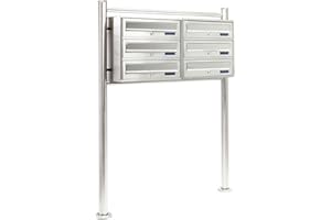 ‎WILTEC Wiltec 6er Briefkastenanlage Edelstahl 945 x 270 x 1200 mm, Standbriefkasten mit 2x3 Fächern, Schlüssel und Namensschild, Briefkasten Postkasten mit Ständer