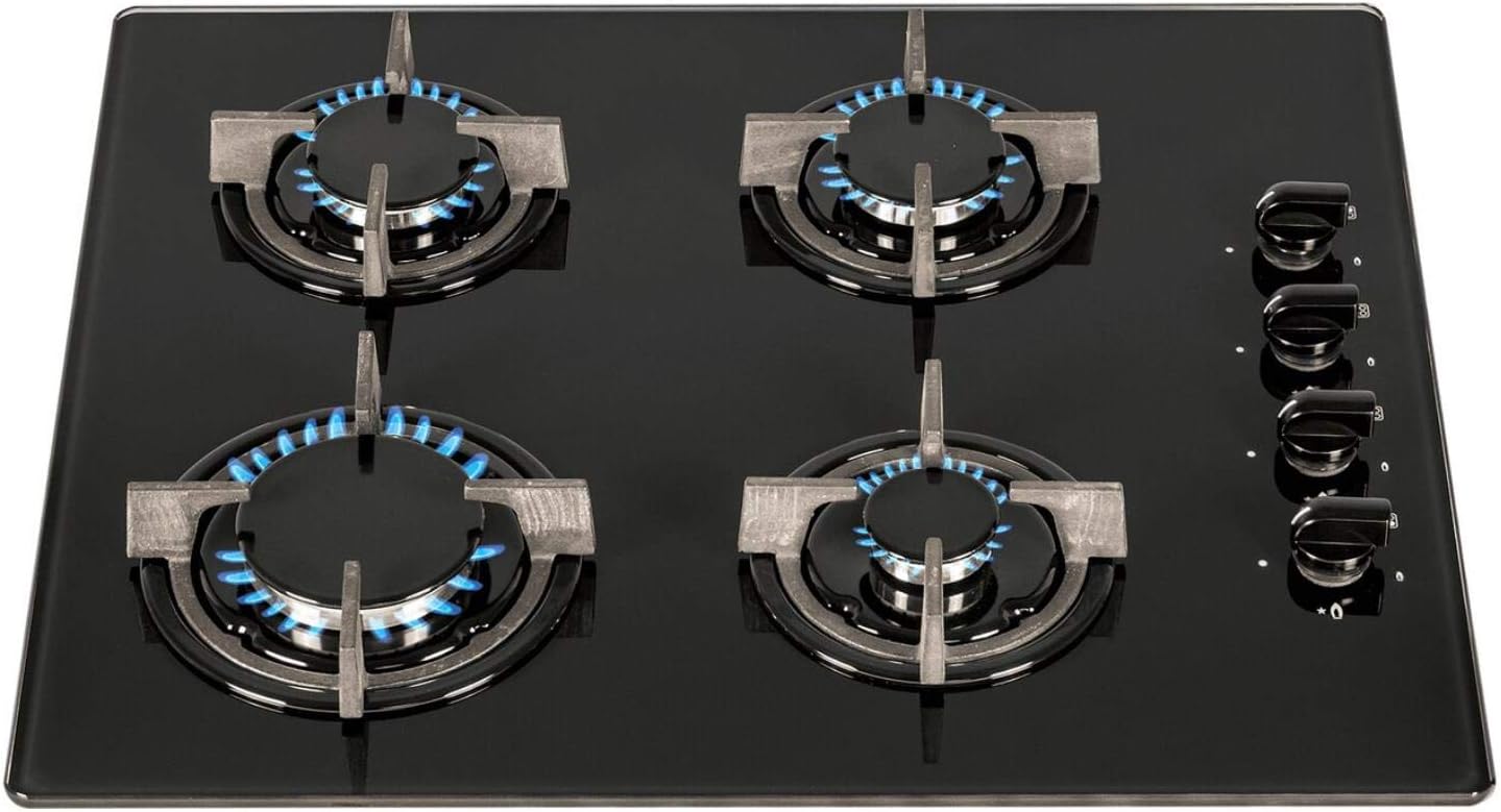 SIA AMZGHG602BL 60cm 4 Burner Gas On Glass Hob In Black With Cast Iron Pan Stands, 2 Years Parts & Labour Guarantee