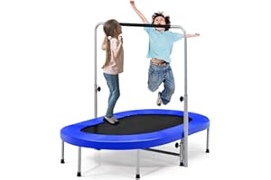 GYMAX Trampoline Double de Loisir pour 2 Personnes, Trampoline Pliable avec Poignée Réglable et Coussin de Sécurité, Rebondisseur Ovale pour Enfants et Adultes, Intérieur et Extérieur