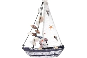 STREEHERJJKEA1 Decorazione Nautica in Legno - Modello di Barca a Vela Miniatura con Rete da Pesca - Ornamento per Mare e Spiaggia