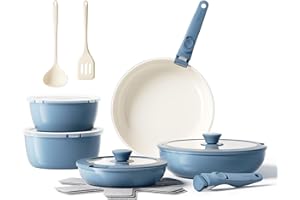 Redchef Ceramic Pots and Pans Set Non Stick, 16 pcs Nonstick Cookware Set with Detachable Handle, Non Toxic, PFAS PFOA & PTFE Free, RV Ceramic Cookware Set for Camping, Oven Safe (Blue)