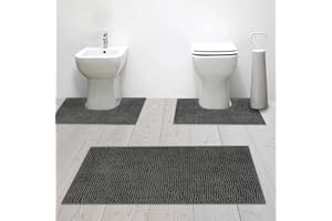 GENERICO Susanna Home – Set 3 Tappeti da Bagno in Microfibra Shaggy Antiscivolo, Tappeto Rettangolare, Giro Water e Giro Bidet, Super Assorbente, Morbido e Lavabile - Disponibile in Diversi Colori (STONE)