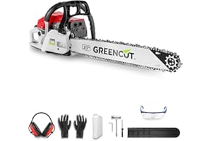 GREENCUT GS610X - Tronçonneuse à essence 62cc 3,6hp, moteu thermique 2 temps, lame 20", longueur de coupe 50,8cm, pour l'abattage et l'élagage, anti-vibration