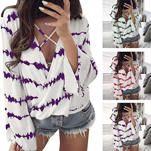 GUYIVVU Women'S Top Lace Joker Women'S Dress Party Eye-Catching Women'S Deep V Chest Cross-Sleeve Sleeve Loose Print Top,Purple,Xl