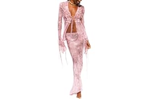 FeMereina Women's 2 Piece Dress Outfit Long Sleeve Tie-up Front Sheer Mesh Cardigan Tops Bodycon Maxi Long Skirts Streetwear