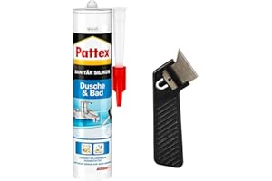 Pattex Silikon Dusche & Bad, weiß, Premium-Silikon für alle Anwendungen im Sanitärbereich, elastisch, abriebfest, Spar-Set mit 300 ml und einem Fugenkratzer „Pattex Fugenhai“, 9HPFDBWP1X